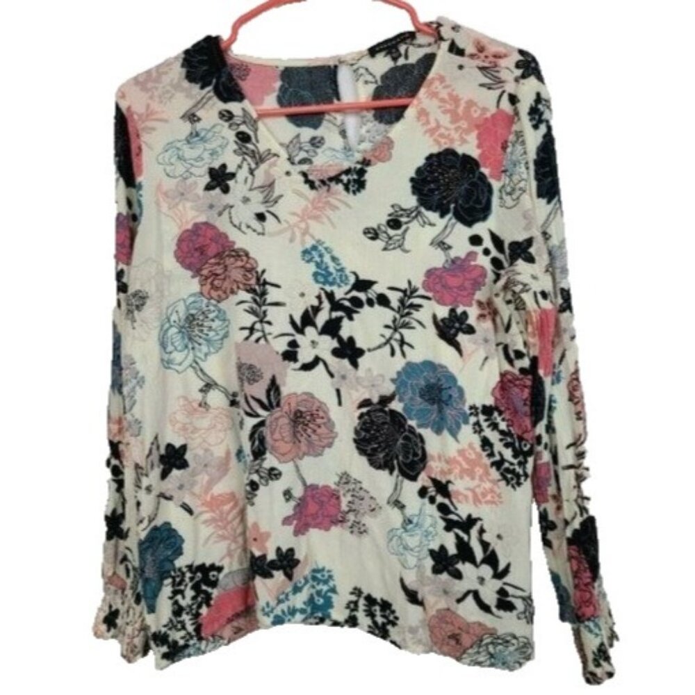 Staccato Womens Blouse Top Medium Cream Floral Long Sleeve BOHO Cottagecore‎